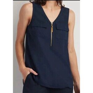 Ellen Tracey Linen Blend Utility Sleeveless Size‎ M Gold Tassel Zipper Blouse